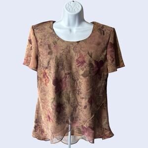 R&M Richards floral chiffon overlay blouse sz 10 mauve rose asym hem lined USA